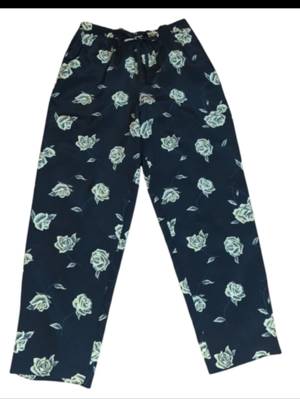 Field Manor 100% Silk Black Cabbage Rose Pull On Old Money Chic Pants Sz S